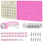 Rotary Cutter Set, Rotary Cutter Kit-45mm Rotary Cutter+5 Extra Blades, A4 Cutting Mat, 6"x6" Patchwork Ruler, 11 Carving Knife+10 Extra Blades, 20 Sewing Clips for Sewing,Quilting,Carving Pink