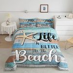 Manfei Beach Starfish Comforter Set Queen Size, Life is Better at The Beach Quilt Set with 2 Pillowcases, Rustic Farmhouse Style Plank Print Bedding Set 3pcs for Kids Boys Teens Bedroom Decor