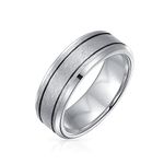 Bling Jewelry Unisex Personalize Simple Double Grooved Brushed Matte Center Stripe Couples Titanium Wedding Band Ring for Men Women Silver Tone Comfort Fit 7MM Customizable