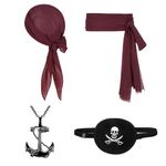 FUIPVGI 4 Pcs Pirate Captain Costume Accessories,Pirate Bandana and Sash Belt,Eye Patch Anchor Pendant Chain,Renaissance Captain Pirate Costume,Pirate Accessories for Halloween Pirate Party (Wine Red)