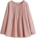 Minibee Women's Scoop Neck Pleated Blouse Solid Color Lovely Button Tunic Shirt Pink XL