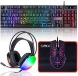 Gaming Keyboard Mouse Mousepad and Headset with mic Combo All in One USB Wired RGB Backlit Rainbow Side Button Gamer Bundle Set Compatible with PC Windows Xbox one PS4 PS5(Black)