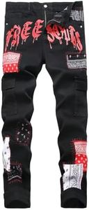 Classlong Men's Casual Printed Slim Fit Jeans Skinny Denim Pants Mythological Print (Black-Red,40)