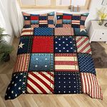 Patchwork American Flag Bedding Set King Red Blue Geometric Stars Stripes Duvet Cover Retro United States Flag Comforter Cover For Kids Boys Teen Men Independence Day Freedom Bedspread Cover 3 Pcs