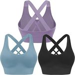 Evercute Sports Bra for Women Padded Medium Support Criss Cross Strappy Bras Seamless High Impact Yoga Exercise Athletic Bras, Black Purple Blue 3 Pack, Medium