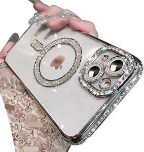 Doulings Magnetic Glitter Diamond for iPhone 15 Pro Max Case[Compatible with MagSafe]Sparkle Rhinestone Camera Lens Protector Plated,Crtstal Clear Slim Military Drop Shockproof Cover for Women,Silver