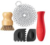 Auch 5 Pieces Cast Iron Cleaner Set Include Stainless Steel Chainmail Scrubber with Bamboo Dish Scrub Brush Hot Handle Holder 2 Pan Grill Scrapers