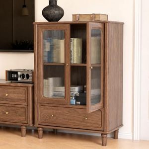 YESWOOD Solid Wood Storage Cabinet, Mid Century Modern Storage Cabinet with 2 Doors & Adjustable Shelf & Drawer, Floor Cabinet for Living Room, Dining Room(Walnut, 31.49" W x 15.74" D x 45.27" H)