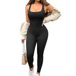 Jetjoy Yoga Jumpsuit for Women Seamless Ribbed One Piece Square Neck Workout Gym Rompers Tummy Control Padded Bra Jumpsuits