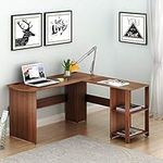 SHW L-Shaped Writing Desk with Bookshelves, Walnut