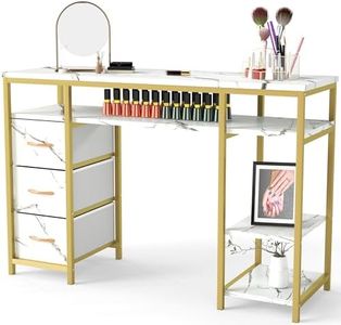 GOOBED Nail Desk with 3 Drawers, Manicure Table for Nail Tech, Modern Nail Table with Gold Frame, Elegant Manicure Station with Drawers and Shelves for Home or Salon Use