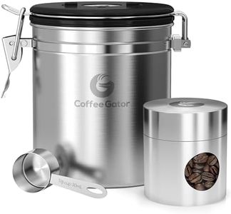 Coffee Gator Coffee Canister, Stainless Steel Airtight Coffee Containers for Ground Coffee with Date-Tracker, CO2-Release Valve, Measuring Scoop & Travel Jar - Medium, 16 oz, Silver