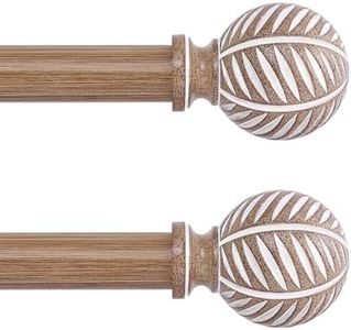 HTZON 2 Pack Wood Curtain Rods 66 to 120 Inch,1 Inch Boho Adjustable Curtain Rod,Imitation Wood Grain Leaf Window Curtains Rods,Farmhouse Rustic Heavy Duty Curtain Rods,Brown Drapery Rods Set 66-120"
