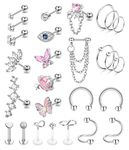 SAILIMUE 27Pcs 16G Cartilage Earrings For Women Men Tragus Piercing Jewelry Stainless Steel Conch Stud Hoop Earring Hypoallergenic Cz Butterfly Heart Evil Eye Cartilage Tragus Conch Helix Daith Piercing Jewelry Silver Tone