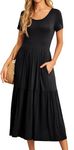 GRECERELLE Womens Summer Maxi Dress Casual Short Sleeve Crew Neck Swing Dress Flowy Tiered Party Dress with Pockets for Weddings, Holidays (Black, L)