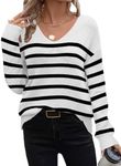 Zeagoo Fall Sweaters for Women Lightweight Striped Long Sleeve Shirts Drop Shoulder Pullover Tops White Sriped L