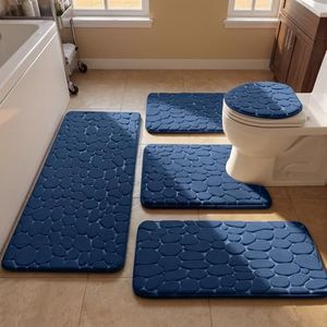 YIHOUSE Bathroom Rugs Sets 5 Piece, Cobblestone Memory Foam Bathroom Mats Set Extra Thick, Non Slip Bath Mats for Bathroom, Water Absorbent, Washable Dark Blue Bath Rugs for Tub, Toilet and Floor