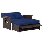 RELAX4LIFE 2 IN 1 Patio Rattan Daybed, 4-Level Adjustable Wicker Sun Lounger with Retractable Tray, Storage Ottoman & Cushion, Outdoor Double Sofa Bed Garden Furniture Set (Navy Blue+Mix Brown)