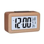 GINZER Wooden Digital Alarm Clock, Large LED Display Wood Grain Alarm Clock, Smart Sensor Night Light, Snooze and Temperature, Battery Operated, Cuboid Alarm Clock for Bedroom Office Bedside Desk