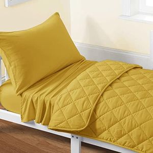 FLXXIE 4 Pieces Toddler Bedding Set, Soft and Breathable Microfiber Crib Sheet Set, Includes Quilted Comforter, Flat Top Sheet, Fitted Sheet, Envelope Pillow Case for Boys and Girls, Yellow