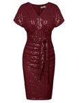 GRACE KARIN Sexy Plus Size Sequin Dress for Birthday Gift Ruched Wedding Guest Dresses for Winter Wine XL