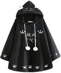 Hotmiss Girl's Cat Ear Hooded Pullover Long Sleeve Sweatshirt Fleece Poncho Shawl Cape, Black, One Size