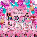 Spa Birthday Party Decoration - Makeup Party Favors, Plates Cups Napkins Tablecloth Happy Birthday Backdrop Balloons Arch Cake Toppers for Girls Women Slumber Pamper Spa Party Supplies (backdrop)