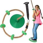 Jungle Gym Kingdom Tree Swing Climbing Rope with Platforms Green Disc Swings Seat - Outdoor Playground Set Accessories Tree House Flying Saucer Outside Toys - Snap Hook and 4 Feet Strap (Green)