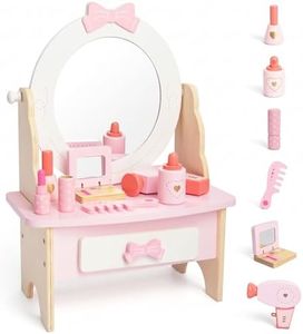 Wooden Vanity Set for Kids, Pretend Play Toddler Makeup Vanity Table Toys with 360° Rotatable Mirror, Beauty Salon Set Includes Makeup Accessories, Little Girls Gift Age 3+ (White)