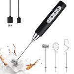 YUSWKO Milk Frother Handheld with 3 Heads, Coffee Whisk Foam Mixer with USB Rechargeable 3 Speeds, Electric Mini Hand Blender for Latte, Cappuccino, Hot Chocolate, Egg - Black