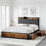 GAOMON Full Size Bed Frame with 4 Storage Drawers and Linen Upholstered Headboard, Full Platform Bed Frame with Charging Station, No Box Spring Needed, Easy Assembly, Vintage Brown