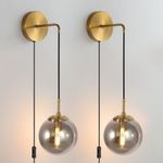 Plug in Wall Sconces Set of 2 Modern Smoke Grey Glass Shade Brass Gold Globe Luminaire Mural Indoor Wall Lights Wall Mount Lamp with 6Ft Plug in Cord On Off Switch Applique Murale Interieur