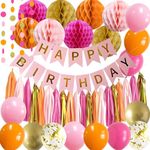 Pink and Orange Happy Birthday Party Decorations, Hot Pink Gold Banner Balloons Tassel Garland Decor Supplies for Women Girls Teens