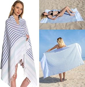 DEMMEX 2022 Ibiza Softest Turkish Cotton Beach Towel, Thin & Light Turkish Peshtemal Towel, Prewashed, XXL 75"x37" (Navy-Mint)