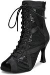 YYTing Cross Design Lace Up Fishnet Mesh Boots with Flare Heel and Suede Sole YT239, Black, 9.5