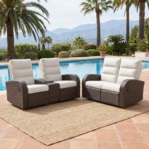 LayinSun Oversized 2 Pieces Wicker Outdoor Recliner Loveseat with Adjustable Backrest & Footrest, Patio Reclining Lounge Sofa