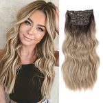 Clip in Hair Extensions 4Pcs Thick Full Head Ombre Dirty Blonde with Dark Root 20Inch Hair Extensions Clip in Curly Wavy Synthetic Hair Extension