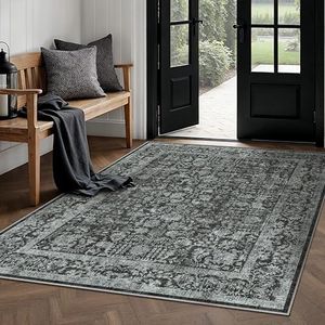 HUGEAR Vintage Dark Black Area Rug 150x210cm Machine Washable Living Room Distressed Non Slip Carpet Traditional Indoor Bedroom Retro Floral Accent Throw Large Rugs for Office Kitchen