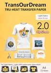 TransOurDream Tru-Transfer Paper 15 Sheets A4 Inkjet Heat Transfer Paper for Light Fabric Upgraded 2.0 Iron On Transfers for White T-Shirts Printable Heat Transfer Vinyl and a Keychain（TOD-2.0-15)