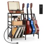 Guitar Stand, Guitar Rack with 3 USB Ports and 2 AC Outlets Guitar Stands Floor Electric Guitar Accessories with 3-tier Storage Shelf Guitar Holder for Guitar Amp Picks Accessories, Grey