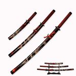 3pc Set Japanese Samurai Sword with Display Stand,Iaido Katana Engraved with Dragon Pattern On The Scabbard