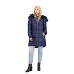 Jessica Simpson Puffer Coat For Women - Quilted Winter Coat w/ Faux Fur Hood, Navy, S