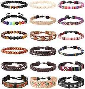 LOLIAS 18Pcs Leather Chakra Bead Tribal Bracelet for Men Women Charm Ethnic Wood Beaded Hemp Bracelets Boho Wristbands, One Size, Leather