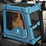 Snagle Paw Portable Dog Crate for Car Travel，Metal Frame Pet Crate, Pet Carrier for Car Back Seat Secures with Headrest Strap and Seatbelt,L
