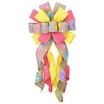 Large Easter Wreath Bows for Front Door, Flaxen Yellow Pink Burlap Ribbon Bow Easter Bunny Bows Holiday Spring Bow Tree Topper Bows for Easter Party Decorations Supplies