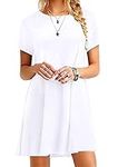 OMZIN Women's Shirt Dress Short Sleeve Mini Summer Dress Round Neck Tunic Dress Casual Mini Shirt Dress White S