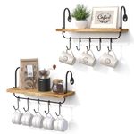 Olakee Floating Wall Shelves for Kitchen Bathroom Coffee Nook with 10 Adjustable Hooks for Mugs Cooking Utensils or Towel Rustic Storage Shelves Set of 2/17x5.9 inch (Carbonized Black)