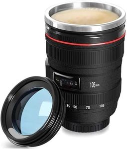 Mug Objectif Photo 350ml - Tasse à Café en Acier Inoxydable avec Couvercle et Cuillère, Cadeau pour Photographe, Design Unique Isotherme, Noir