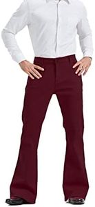 Men's Relaxed Vintage 60s 70s Bell Bottom Stretch Fit Classic Comfort Flared Flares Retro Leg Disco Denim Jeans Pants, Burgundy, Large