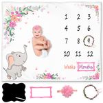 KEMINA BLANKETS Baby Monthly Milestone Blanket for Baby Girl – Elephant Month Blanket for Girl – Floral Wreath & Headband and Personalized Board Included –Girl Nursery Decor Growth Chart Blanket